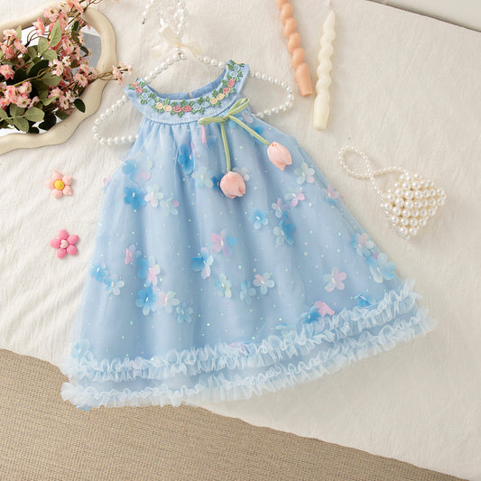 Christmas Party Dress! Summer New Floral Chiffon Baby Girl Dress, Sweet Blue Children'S Clothing (6 Months -4 Years Old)