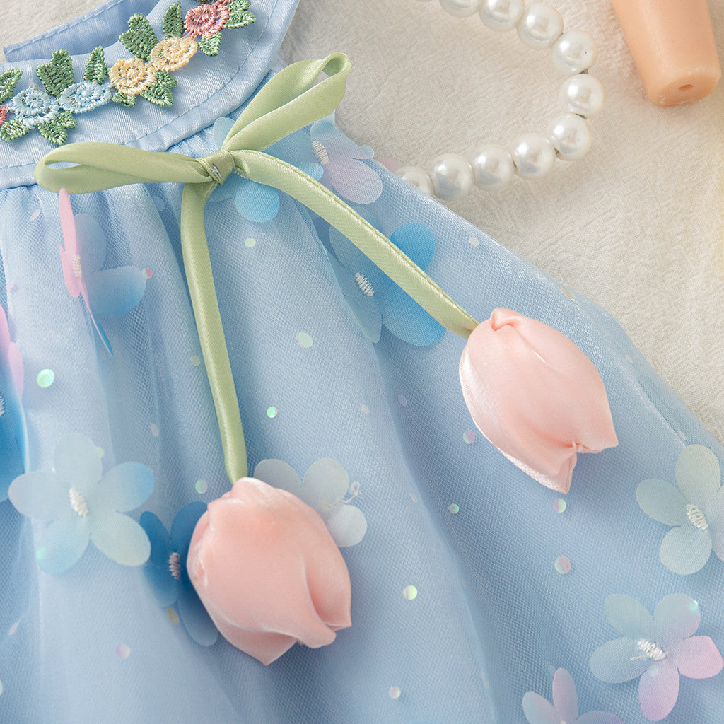 Christmas Party Dress! Summer New Floral Chiffon Baby Girl Dress, Sweet Blue Children'S Clothing (6 Months -4 Years Old)