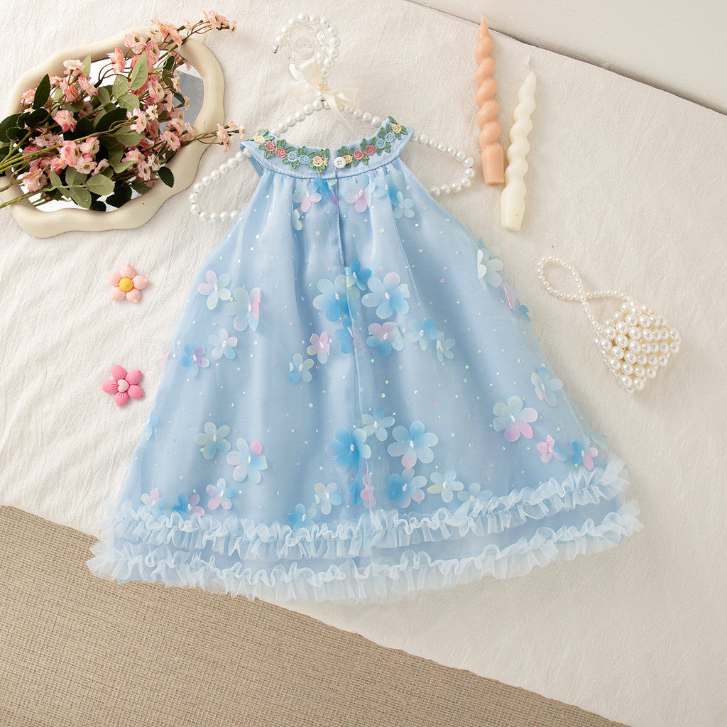 Christmas Party Dress! Summer New Floral Chiffon Baby Girl Dress, Sweet Blue Children'S Clothing (6 Months -4 Years Old)