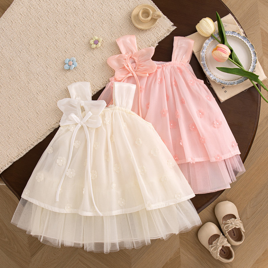 Summer Baptism Dress for Girl Beige Flower Chiffon Dress Christening Clothes for Girl