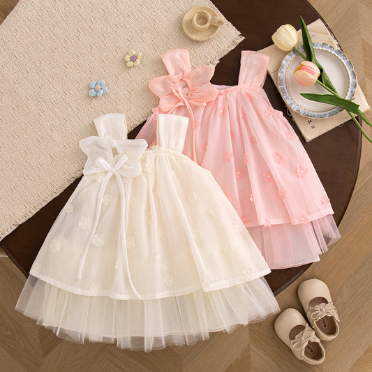 Summer Baptism Dress for Girl Beige Flower Chiffon Dress Christening Clothes for Girl