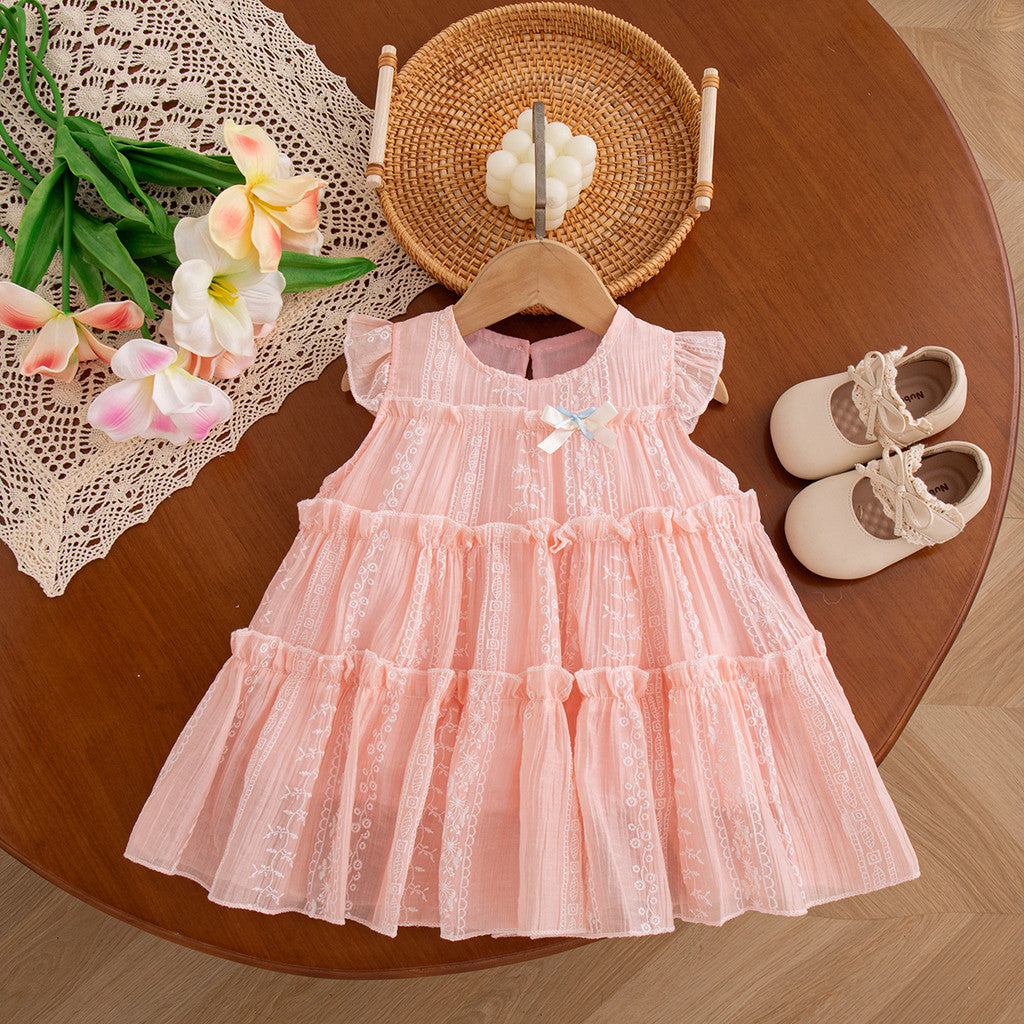 Flower Embroidered Chiffon Dress for Girl Back Bow Princess Dress Summer Kids Clothes