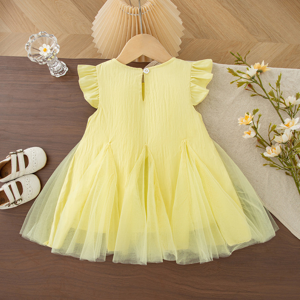Summer Yellow Dress for Kids Batwing Sleeved Flower Dress Girls Birthday Party Outfit