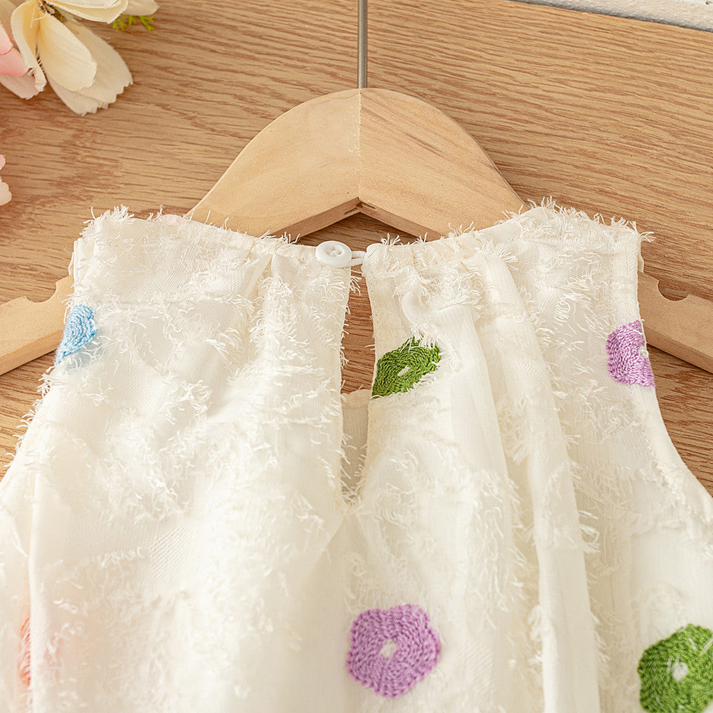 Summer Beige Sleeveless Dress for Girl Flower Embroidered Cotton Dress Ootd for Kids