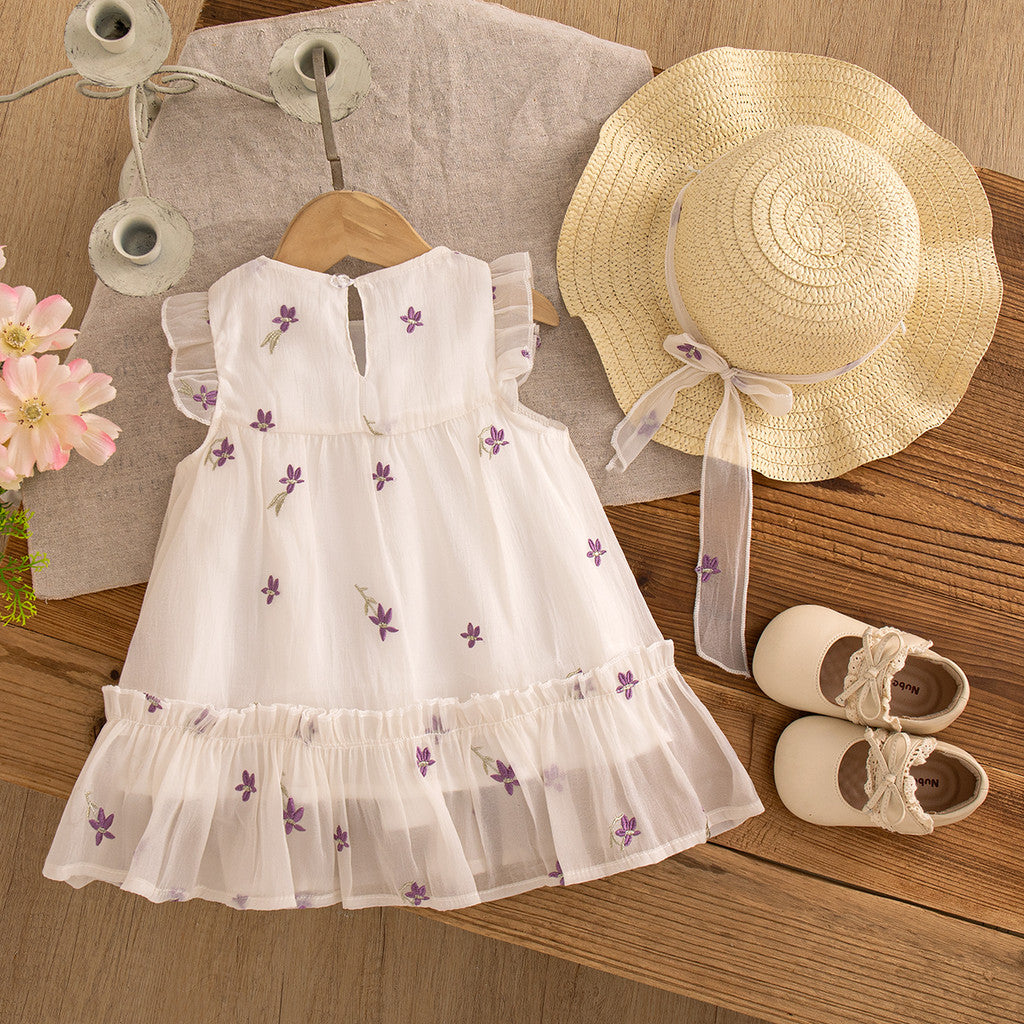 Flower Embroidered Chiffon Dress for Toddler Girl Vacation Style Dress Send Bow Hat