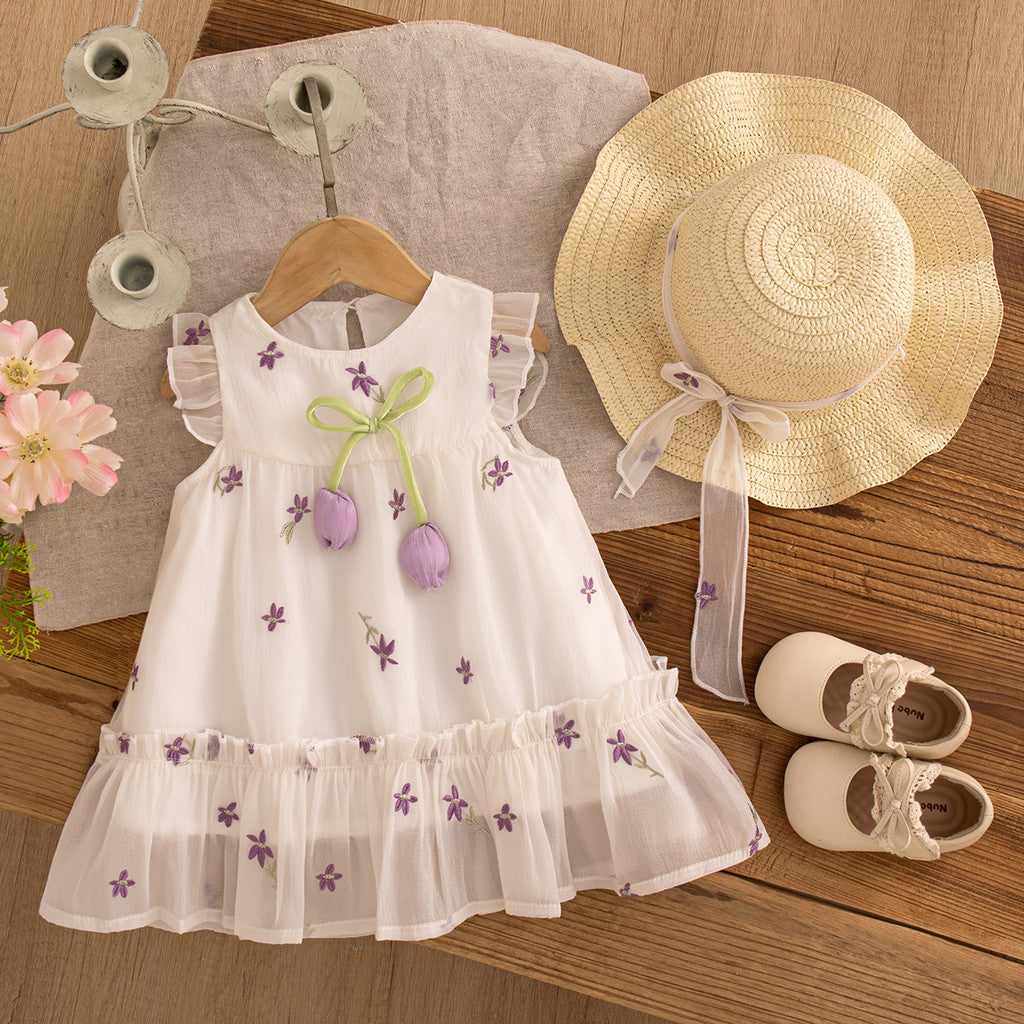 Flower Embroidered Chiffon Dress for Toddler Girl Vacation Style Dress Send Bow Hat
