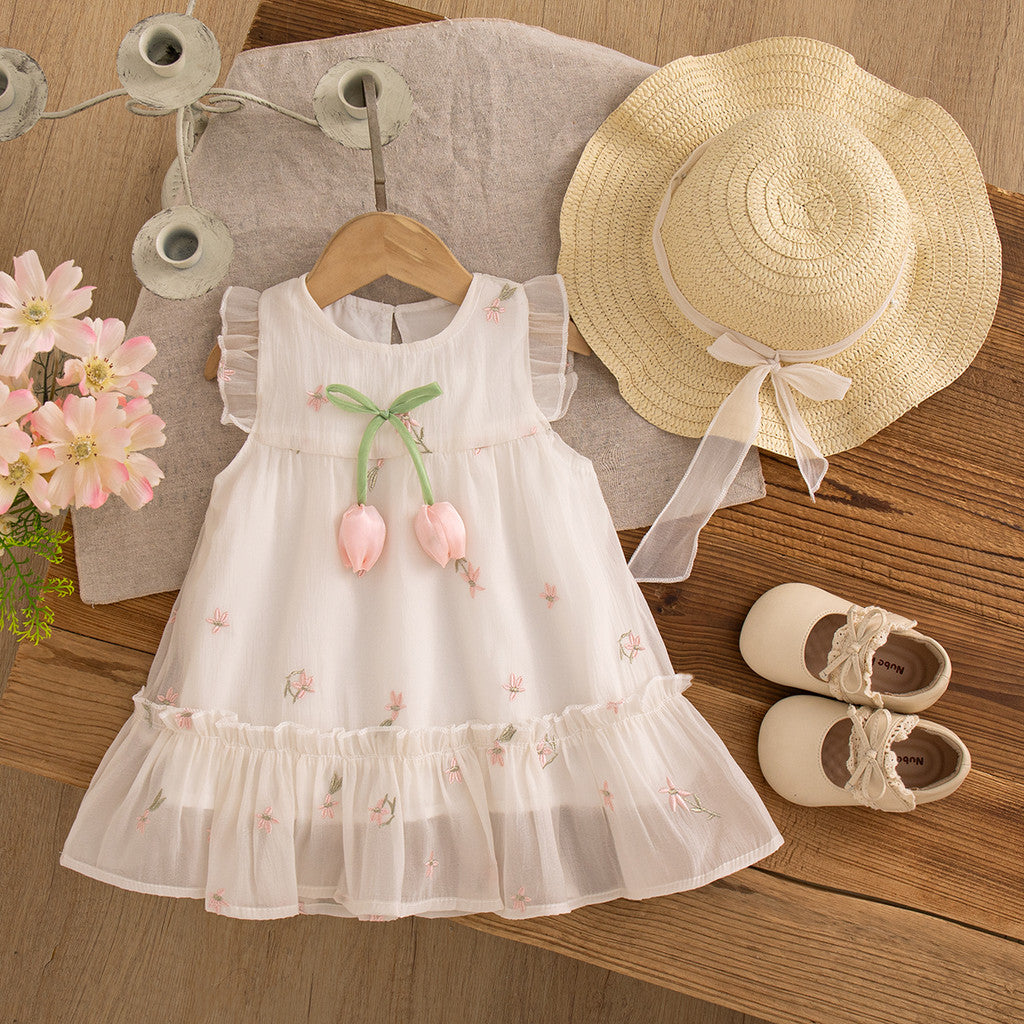 Flower Embroidered Chiffon Dress for Toddler Girl Vacation Style Dress Send Bow Hat