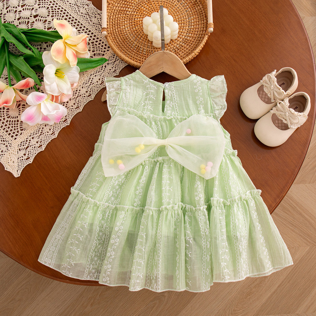 Flower Embroidered Chiffon Dress for Girl Back Bow Princess Dress Summer Kids Clothes