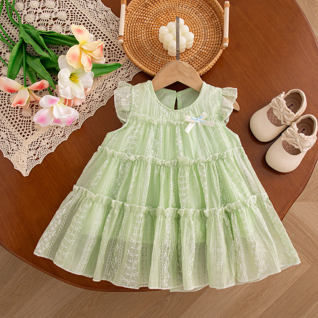 Flower Embroidered Chiffon Dress for Girl Back Bow Princess Dress Summer Kids Clothes