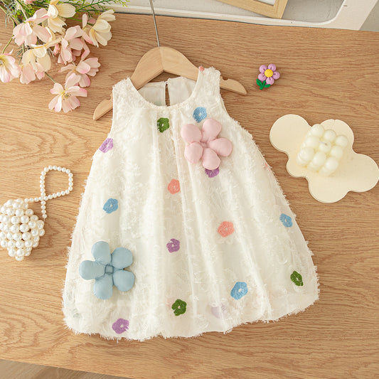 Summer Beige Sleeveless Dress for Girl Flower Embroidered Cotton Dress Ootd for Kids