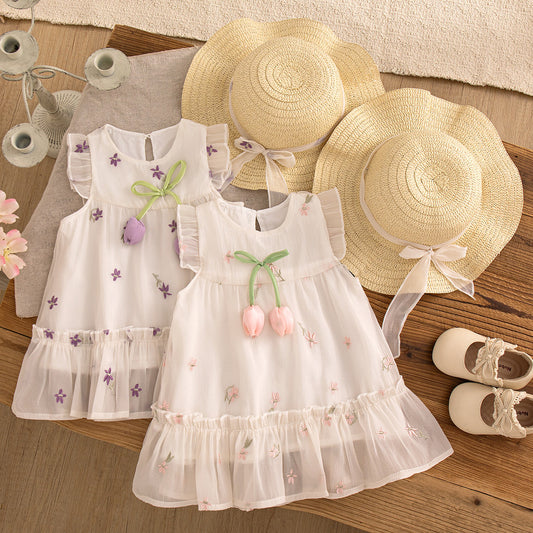 Flower Embroidered Chiffon Dress for Toddler Girl Vacation Style Dress Send Bow Hat