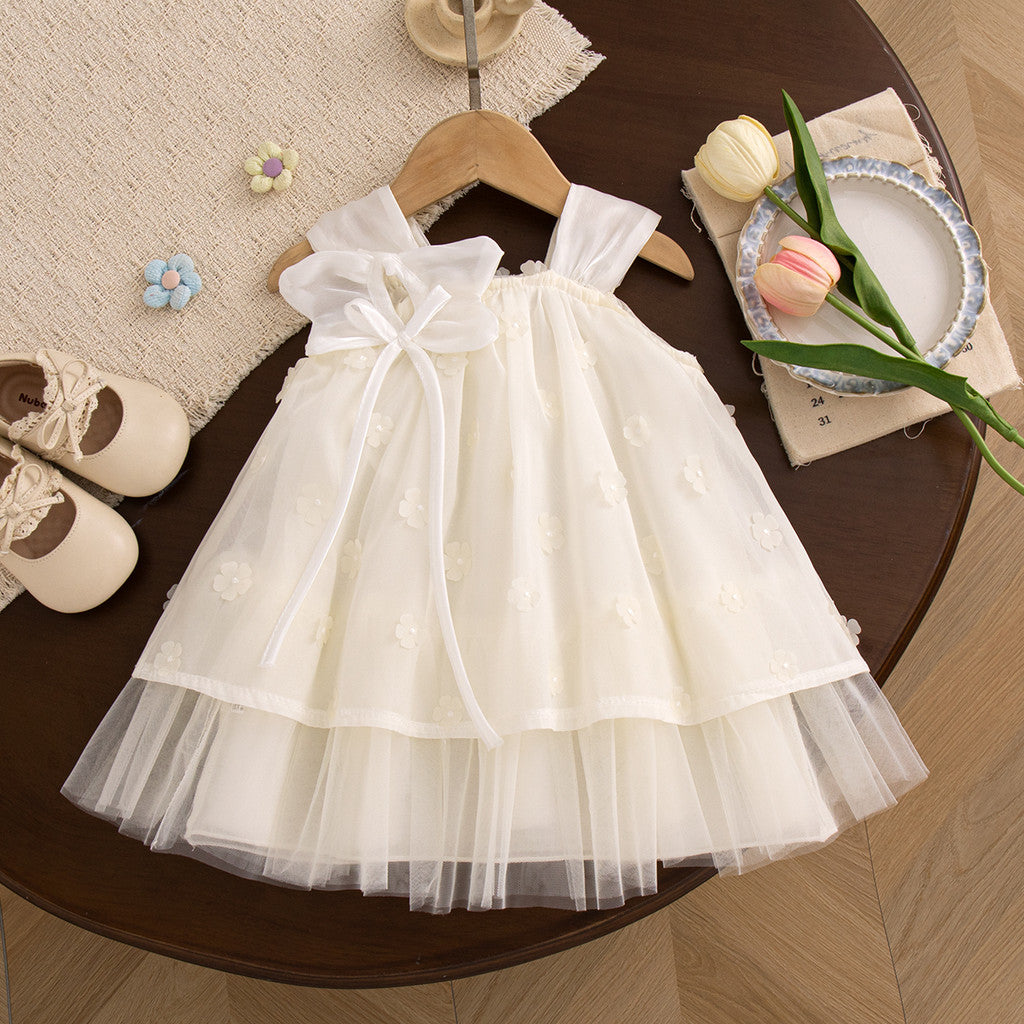Summer Baptism Dress for Girl Beige Flower Chiffon Dress Christening Clothes for Girl
