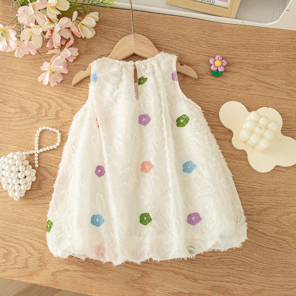 Summer Beige Sleeveless Dress for Girl Flower Embroidered Cotton Dress Ootd for Kids