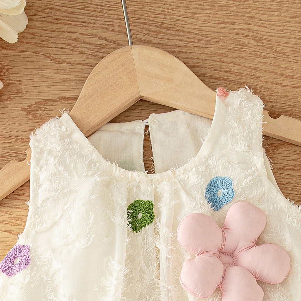 Summer Beige Sleeveless Dress for Girl Flower Embroidered Cotton Dress Ootd for Kids