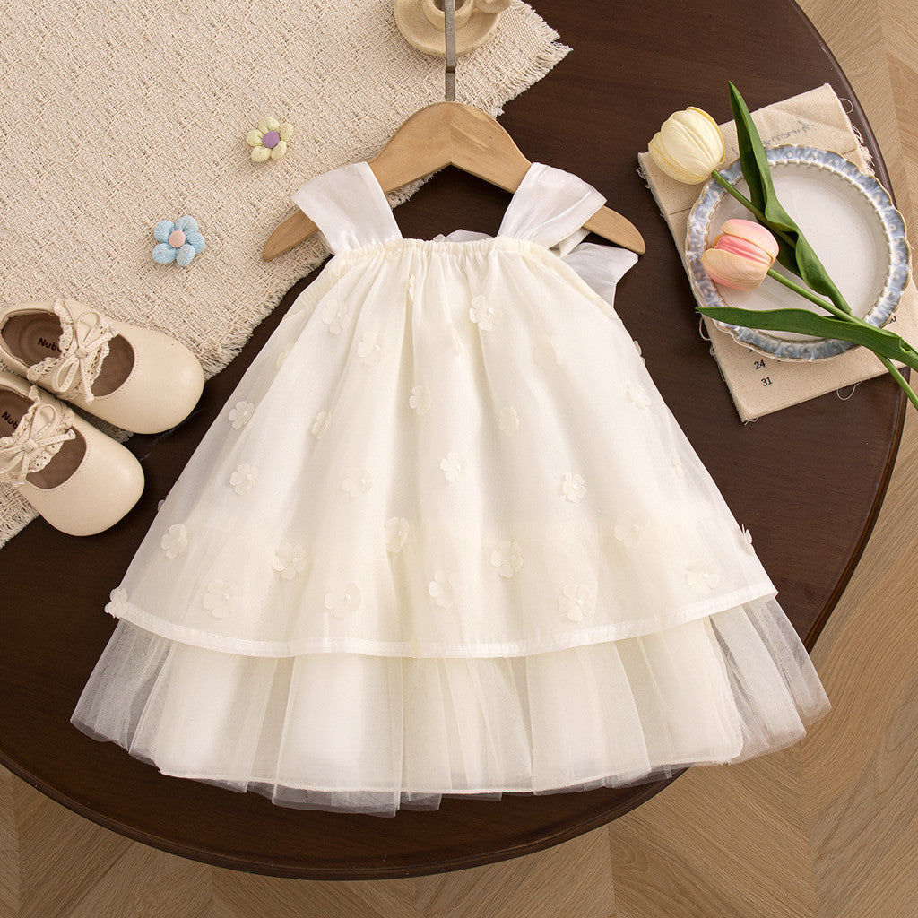 Summer Baptism Dress for Girl Beige Flower Chiffon Dress Christening Clothes for Girl