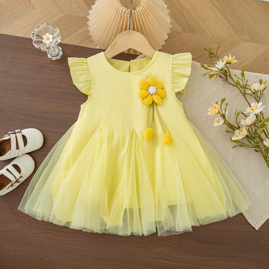 Summer Yellow Dress for Kids Batwing Sleeved Flower Dress Girls Birthday Party Outfit