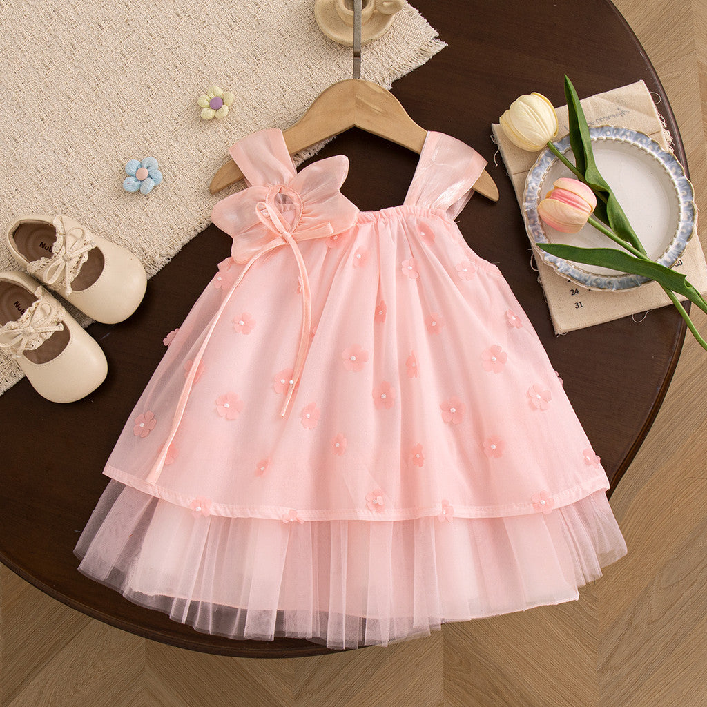 Summer Baptism Dress for Girl Beige Flower Chiffon Dress Christening Clothes for Girl