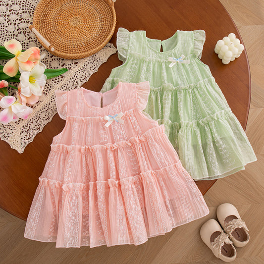 Flower Embroidered Chiffon Dress for Girl Back Bow Princess Dress Summer Kids Clothes