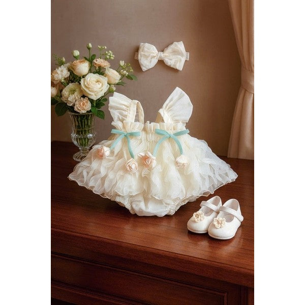 Lace Bodysuit Wavy Butterfly-Wing Flower Embellished For Babies 3-12kg