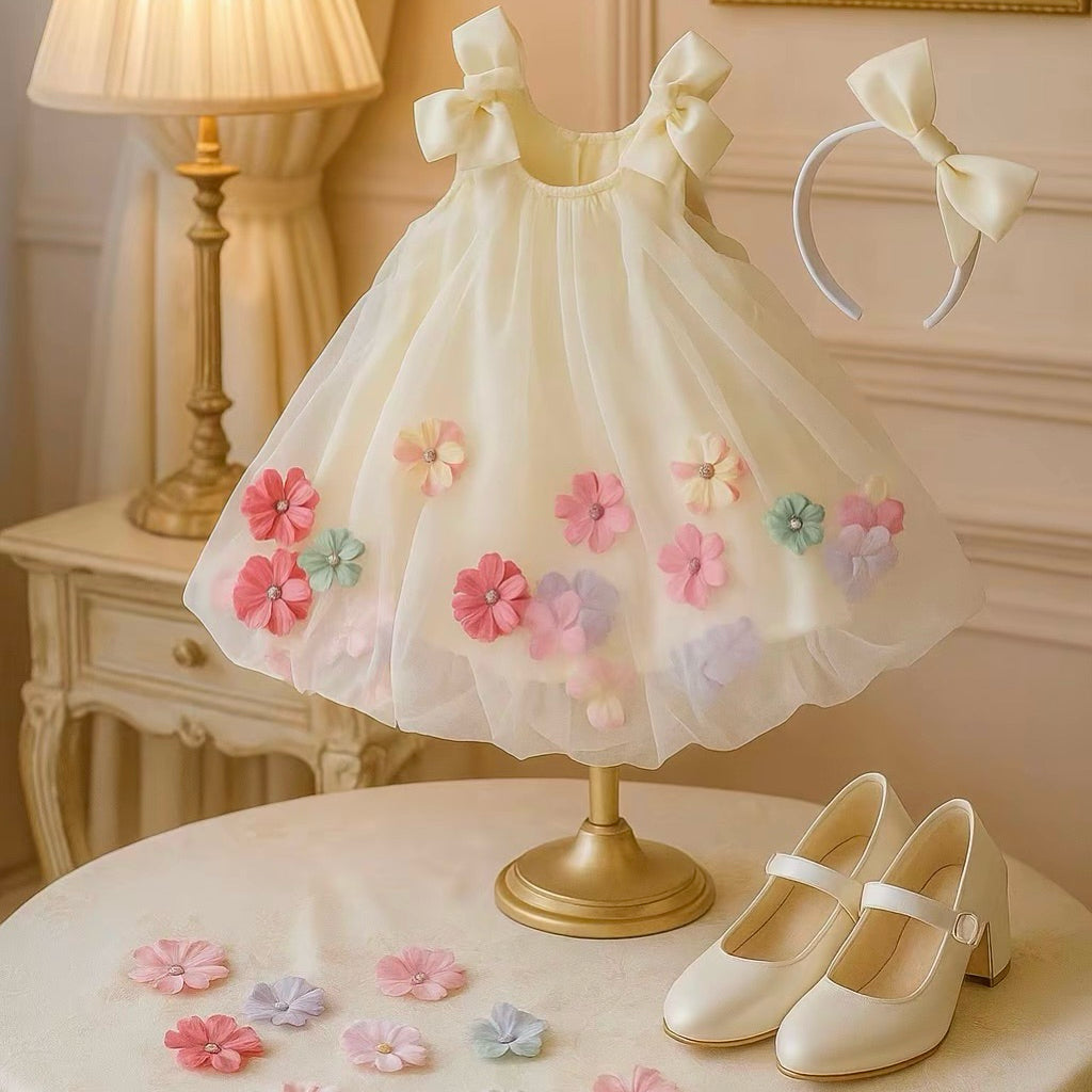 [FREE Woven Bag - Exclusive] A-line Dress Puffed Floral Mesh Combo Casual 3D Flower Embellishment 4-16kg