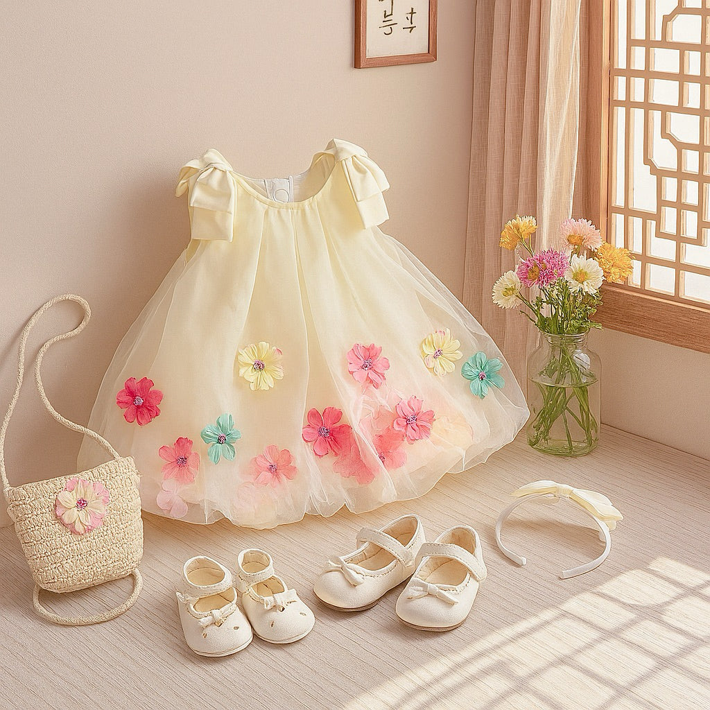 [FREE Woven Bag - Exclusive] A-line Dress Puffed Floral Mesh Combo Casual 3D Flower Embellishment 4-16kg