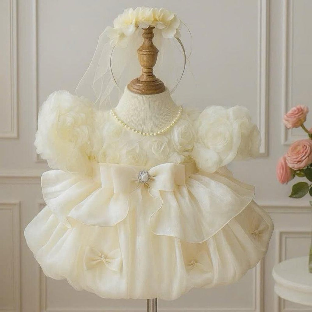 High Quality Puff Sleeve Princess Cream Dress with Pearl Neckline and Brooch (Or Headband) for Baby 4-15kg Dress for Baby Girl