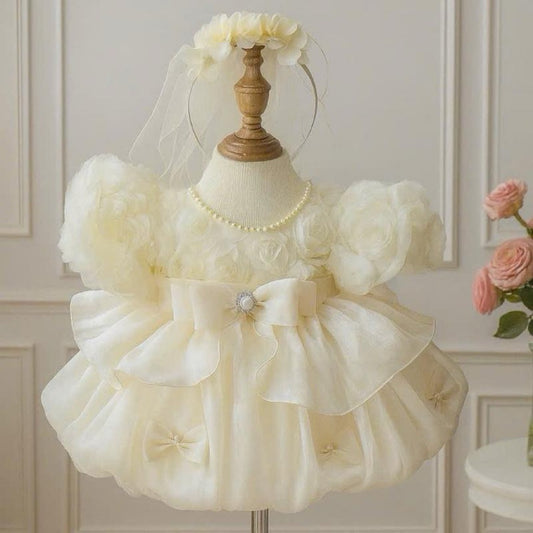 High Quality Puff Sleeve Princess Cream Dress with Pearl Neckline and Brooch (Or Headband) for Baby 4-15kg Dress for Baby Girl
