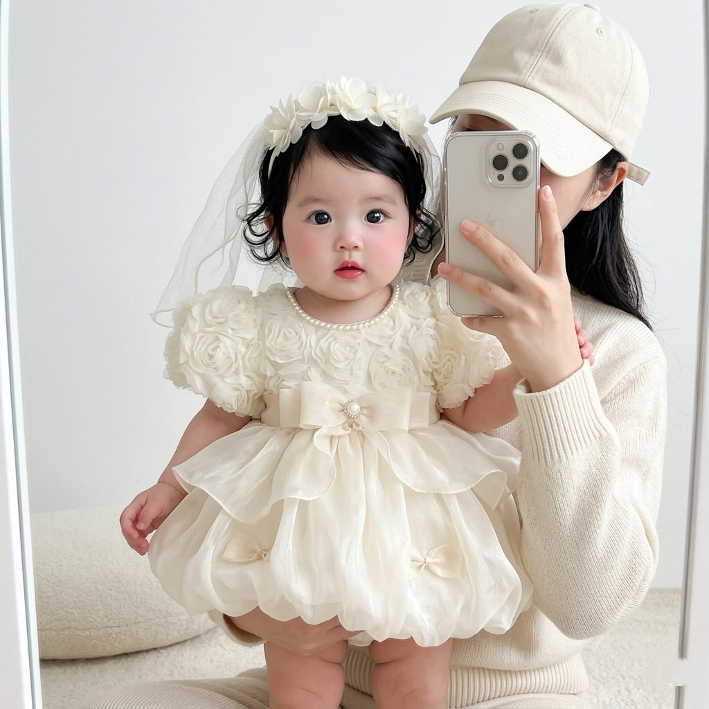 High Quality Puff Sleeve Princess Cream Dress with Pearl Neckline and Brooch (Or Headband) for Baby 4-15kg Dress for Baby Girl