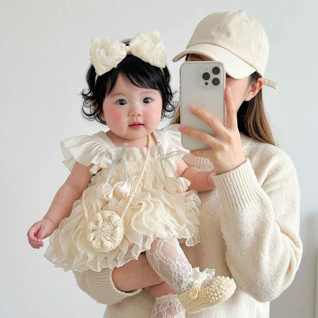 Lace Bodysuit Wavy Butterfly-Wing Flower Embellished For Babies 3-12kg