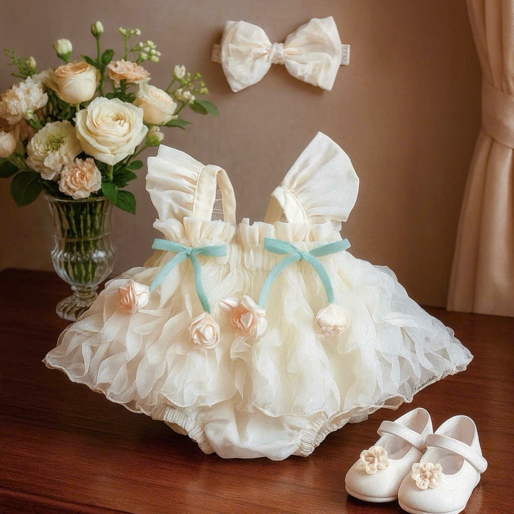 Lace Bodysuit Wavy Butterfly-Wing Flower Embellished For Babies 3-12kg