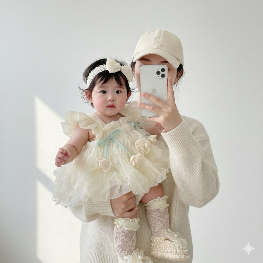 Lace Bodysuit Wavy Butterfly-Wing Flower Embellished For Babies 3-12kg